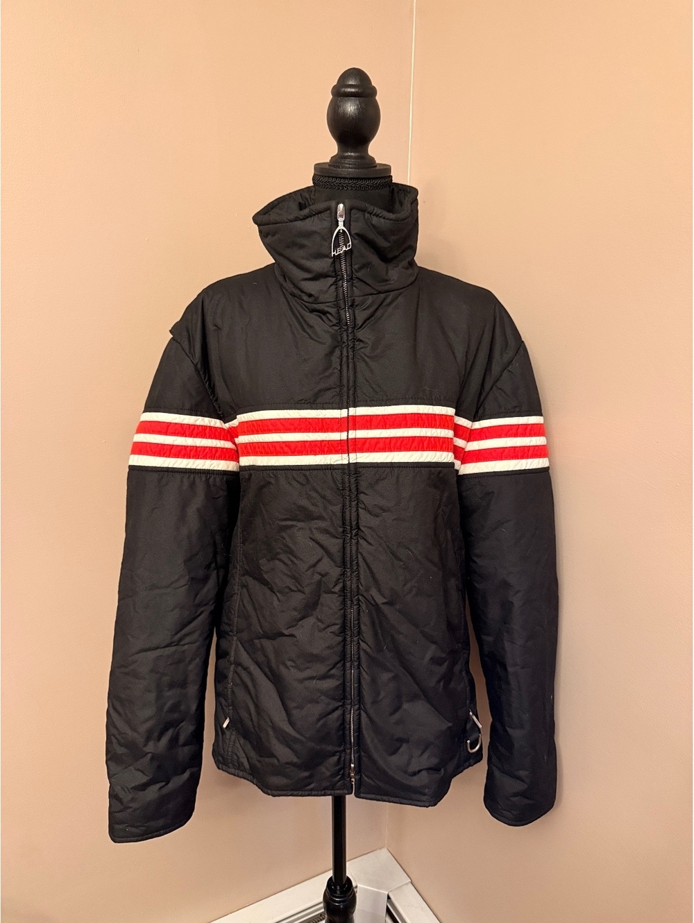 HEAD Vintage Black Ski Jacket with Red and White Stripes
